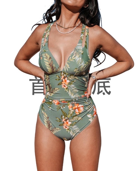 Women's Deep V Neck Double Straps Crisscross Back Tie One Piece Swimsuit
