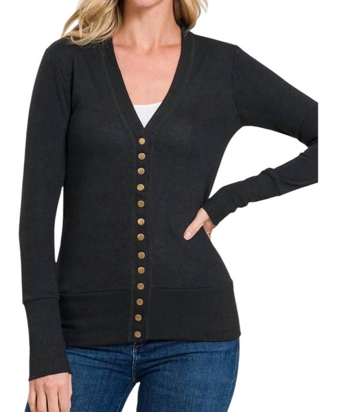 torie ribbed detail snap button cardigan in black