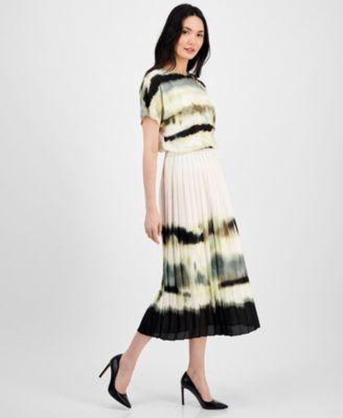 Women's Printed Dolman-Sleeve Top & Pleated Pull-On Midi Skirt