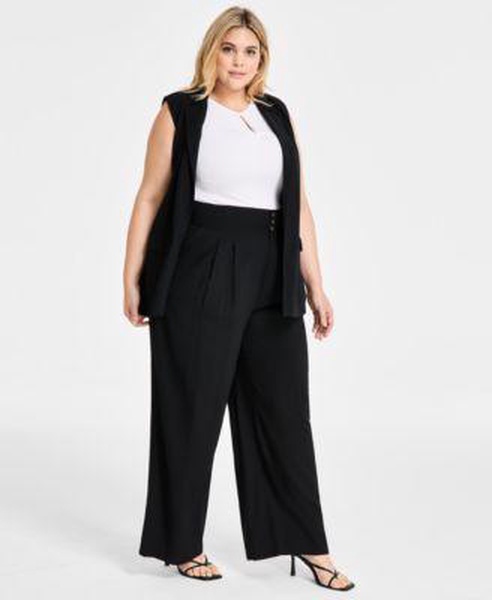 Trendy Plus Peak-Lapel Open-Front Long Vest, Sleeveless Ribbed Cut-out Top & Wide-Leg High-Rise Pants, Exclusively at Macy's