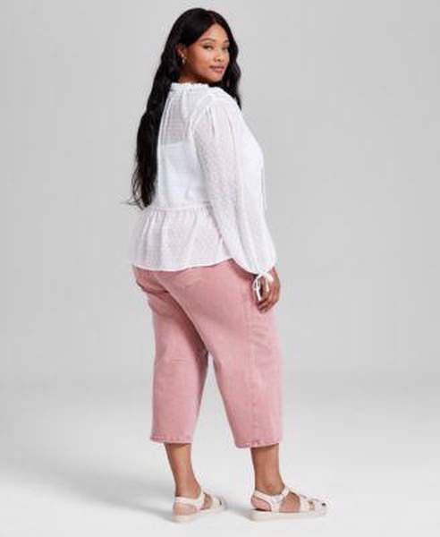 Trendy Plus Size Swiss Dot Button-Front Blouse & Barrel-Leg Jeans, Exclusively at Macy's