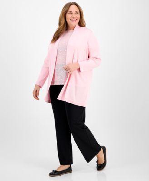 Plus Size Sequined Mesh-Trim Short-Sleeve Top,  Sonoma Open-Front Long-Sleeve Cardigan & Pull-On Mid-Rise Wide-Leg Pants