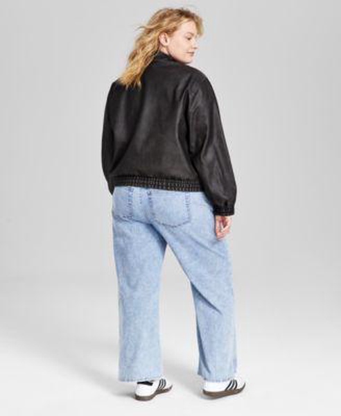 Trendy Plus Size Faux-Leather Jacket- Mock-Neck Top & Rhinestone-Embellished Jeans