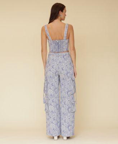 Women's Floral Print Lace-Trim Square-Neck Corset Top &  Floral Print Wide-Leg Cargo Pants