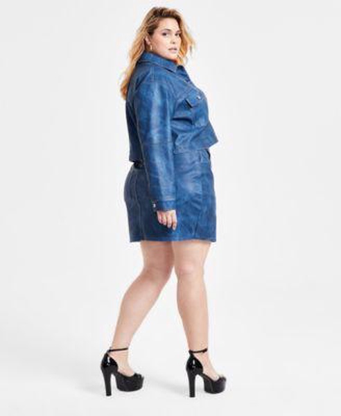 Trendy Plus Size Faux Leather Denim Cropped Jacket & Mini Skirt, Exclusively at Macy's