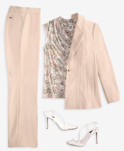 Women's Notched Collar One-Button Blazer, Printed Cowl Neck Cap-Sleeve Top & Mid Rise Pull-On Pants