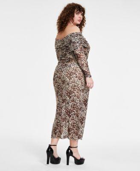 Trendy Plus Size Printed Off-the-Shoulder Mesh Top & Cheetah-Print Mesh Midi Skirt, Created for Macy's	