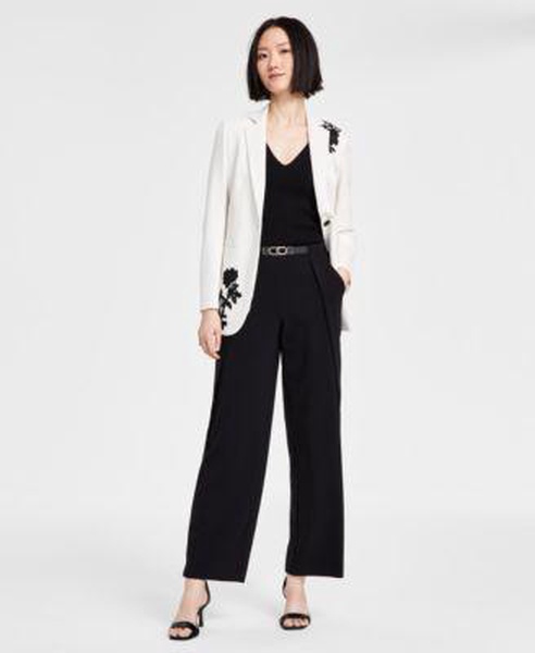 Women's Embroidered Blazer & Belted Wide-Leg Pants