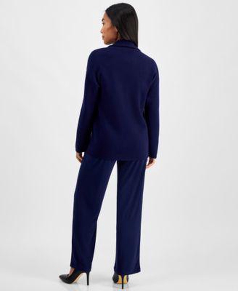 Petite Printed V-Neck Long-Sleeve Top, Notched-Collar Blazer Cardigan & Solid Wide-Leg Mid-Rise Pants 