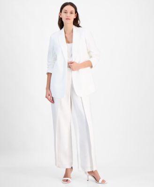 Women's Notch-Collar 3/4-Sleeve Open Jacket & Pull-On Flyaway Wide-Leg Pants