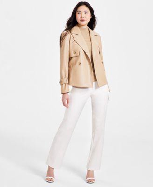 Women's Faux-Leather Trench Jacket, Mock Neck  Sweater & Straight-Leg Pants