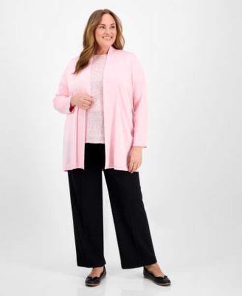 Plus Size Sequined Mesh-Trim Short-Sleeve Top,  Sonoma Open-Front Long-Sleeve Cardigan & Pull-On Mid-Rise Wide-Leg Pants