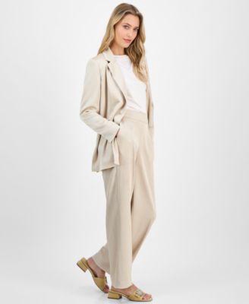 Women's Crinkled Satin Notched Collar One-Button Jacket & Wide-Leg Pants
