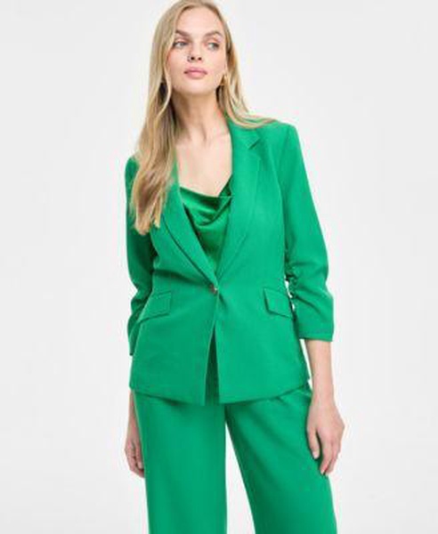 Women's Ruched-Sleeve Blazer, Satin Cowlneck Top & Wide-Leg Pants, Exclusively at Macy's