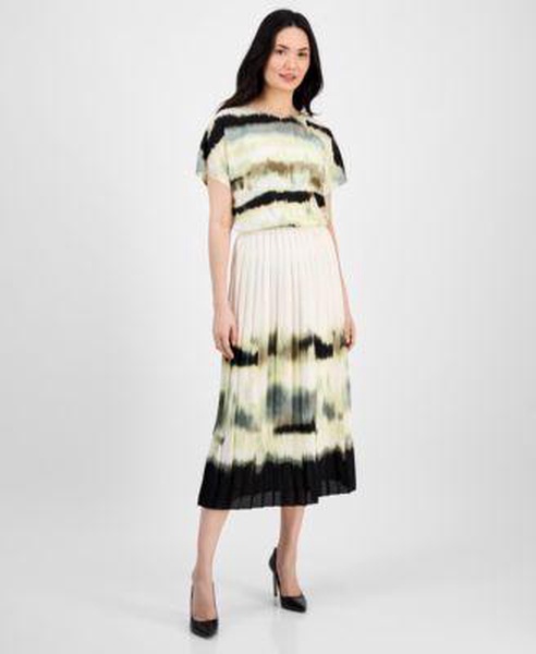 Women's Printed Dolman-Sleeve Top & Pleated Pull-On Midi Skirt