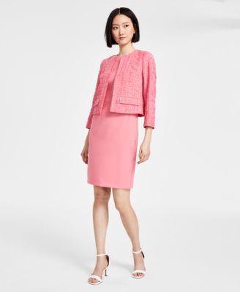Women's Collarless Open-Front Tweed Jacket & Sheath Dress