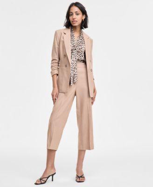Women's Ruched-Sleeve Linen Blazer, Bow Blouse & Cropped Pants, Exclusively at Macy's