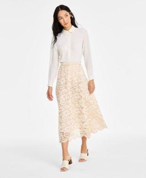 Women's Collared Button-Front Shirt & Pull-On Lace Midi Skirt