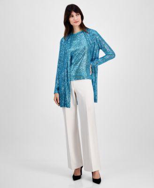 Women's Sequin Draped Cardigan, Sequined T-Shirt & Wide-Leg Pants