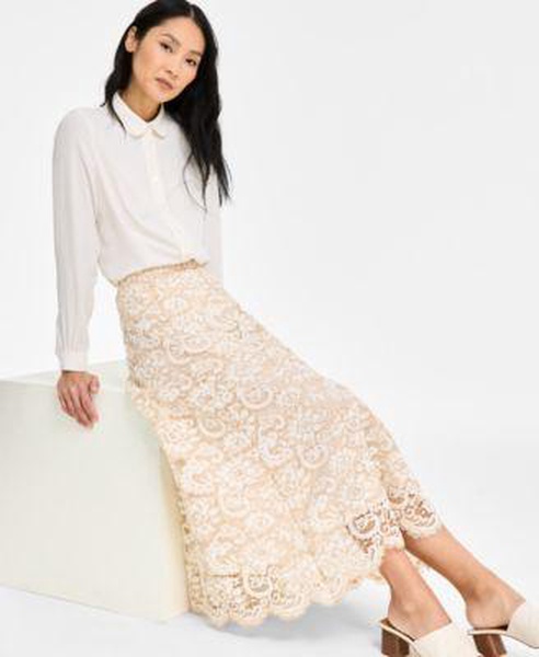 Women's Collared Button-Front Shirt & Pull-On Lace Midi Skirt