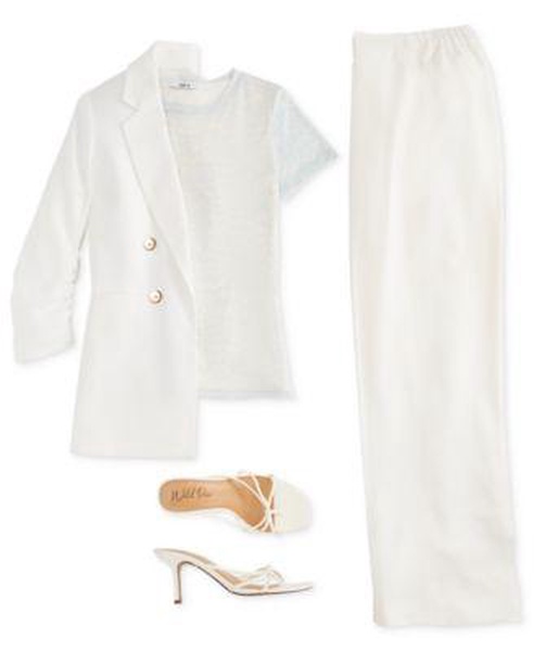 Women's Ruched-Sleeve Open-Front Linen Blazer, Printed Mesh Crewneck Top & High Rise Pull-On Linen Pants, Exclusively at Macy's