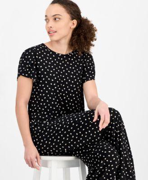 Petite Dot-Print Tulip-Sleeve Top & Wide-Leg Pants