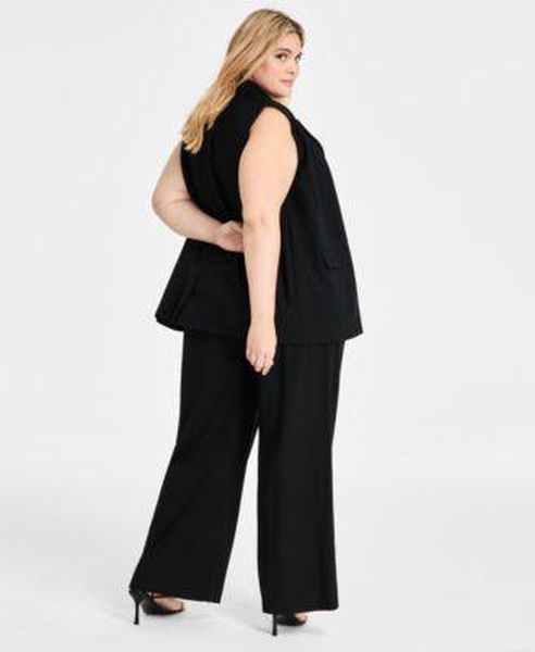 Trendy Plus Peak-Lapel Open-Front Long Vest, Sleeveless Ribbed Cut-out Top & Wide-Leg High-Rise Pants, Exclusively at Macy's