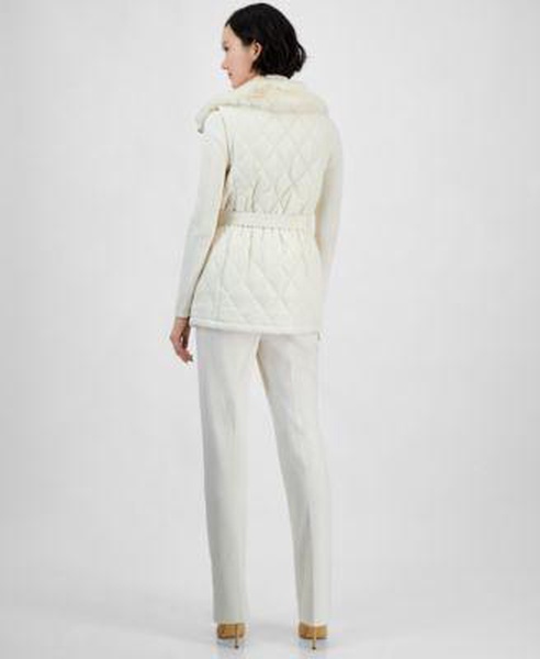 Women's Quilted Faux-Fur Sleeveless Vest, Turtleneck Long-Sleeve Sweater & Flare Leg Compression Pants