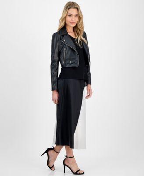 Women's Bias-Cut Colorblocked Midi Dress, V-Neck Tank & Cropped Moto Jacket 