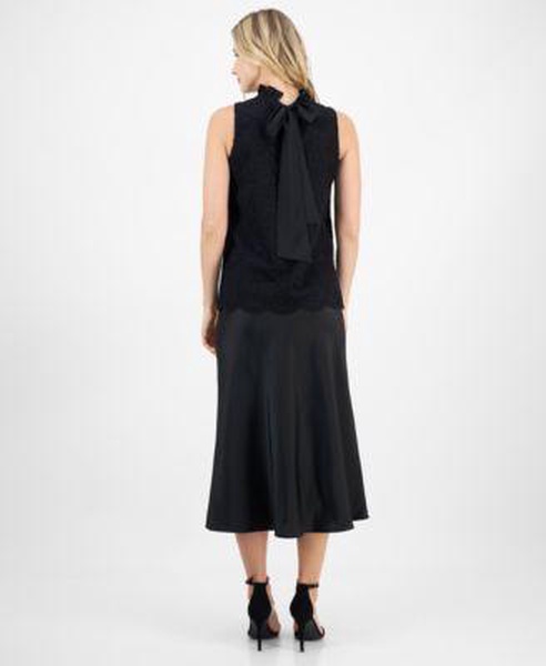 Women's Bow-Back Ruffled-Neck Sleeveless Lace Blouse & Solid Pull-On Flared Midi Skirt