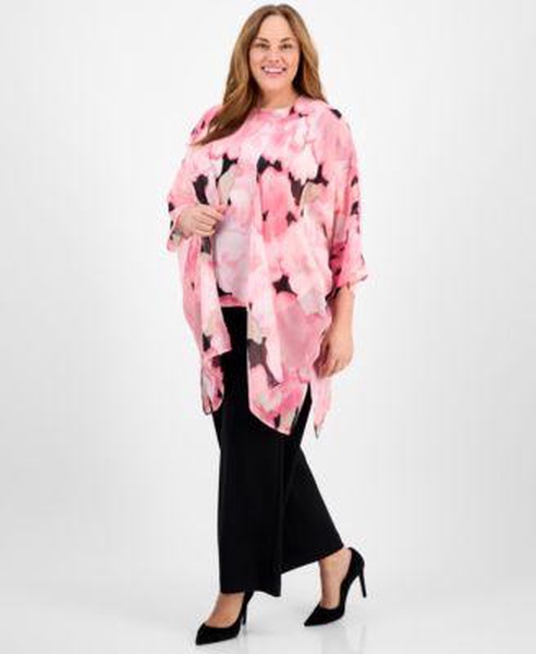 Plus Size Chiffon Kimono, Printed Boat-Neckline Blouse & Pull-On Mid-Rise Wide-Leg Pants