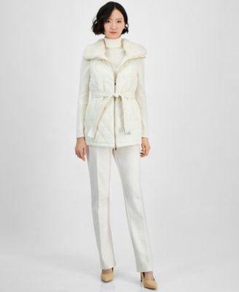 Women's Quilted Faux-Fur Sleeveless Vest, Turtleneck Long-Sleeve Sweater & Flare Leg Compression Pants