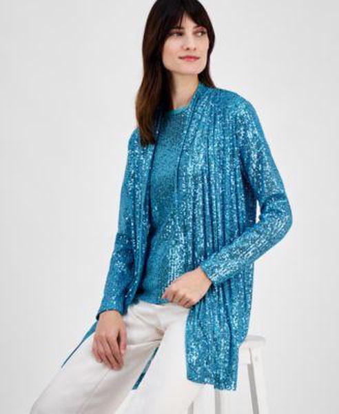Women's Sequin Draped Cardigan, Sequined T-Shirt & Wide-Leg Pants