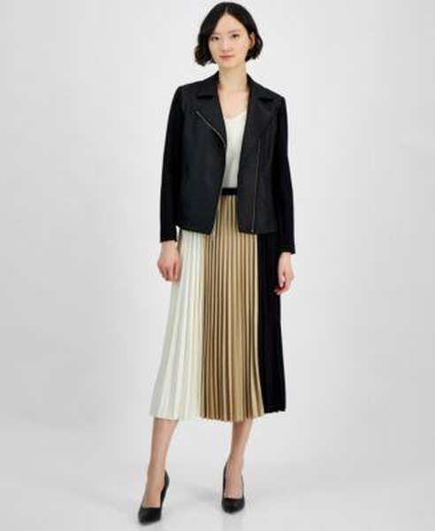 Women's Mixed-Media Asymmetric-Zip Jacket & Colorblocked Pull-On Pleated Skirt