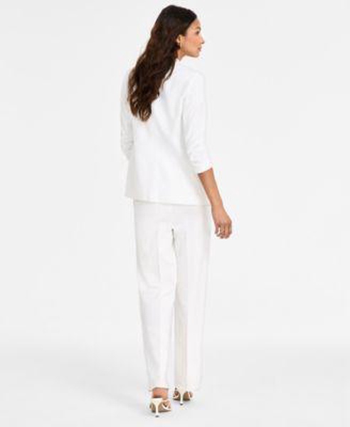 Women's Ruched-Sleeve Open-Front Linen Blazer, Printed Mesh Crewneck Top & High Rise Pull-On Linen Pants, Exclusively at Macy's