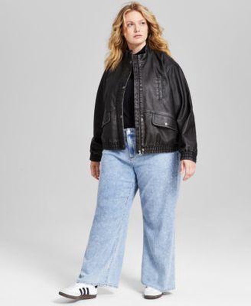 Trendy Plus Size Faux-Leather Jacket- Mock-Neck Top & Rhinestone-Embellished Jeans
