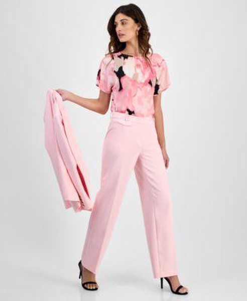 Women's Open-Front Shawl Collar Blazer, Printed Boat Neck Short-Sleeve Top & High Rise Wide-Leg Pull-On Pants