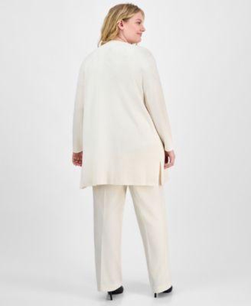 Plus Size Open-Front Cardigan, Printed Tulip Sleeve Top & Cool-Crepe Pull-On Pants