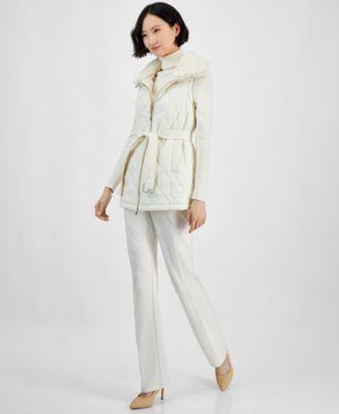Women's Quilted Faux-Fur Sleeveless Vest, Turtleneck Long-Sleeve Sweater & Flare Leg Compression Pants