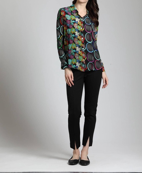 mixed pattern printed button-up blouse in multi