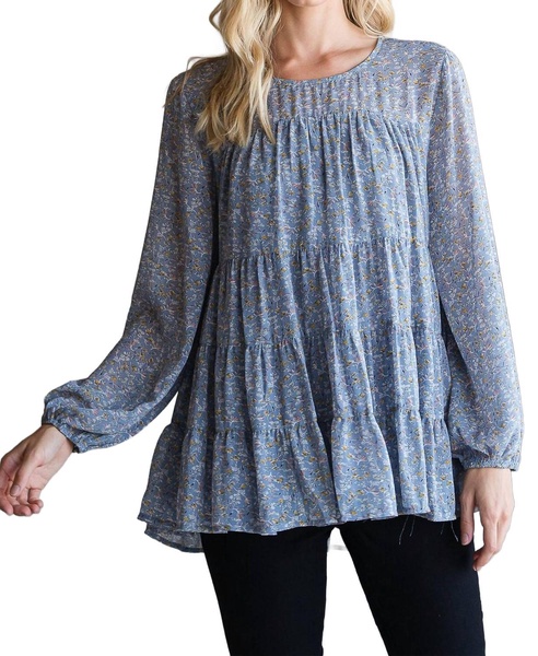 floral print tiered top in dusty blue
