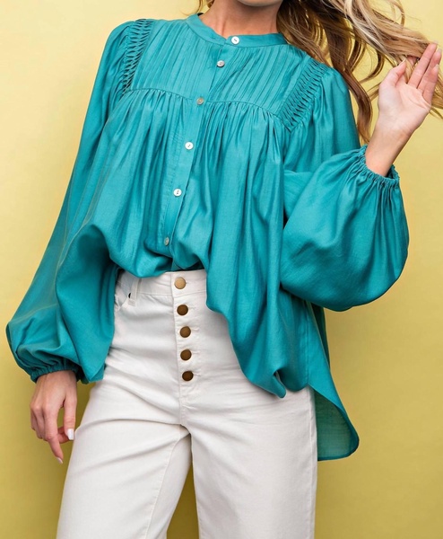 shiny crepe woven button down top - teal