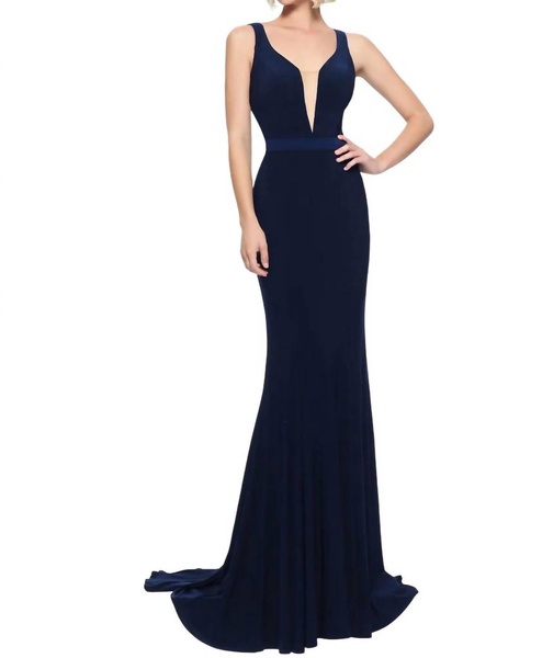 mermaid sleeveless prom dress in navy