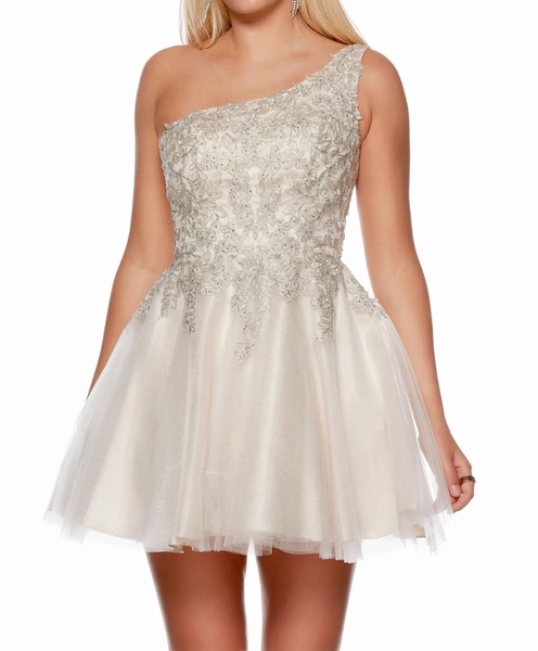 glitter tulle mini dress in ivory/champagne