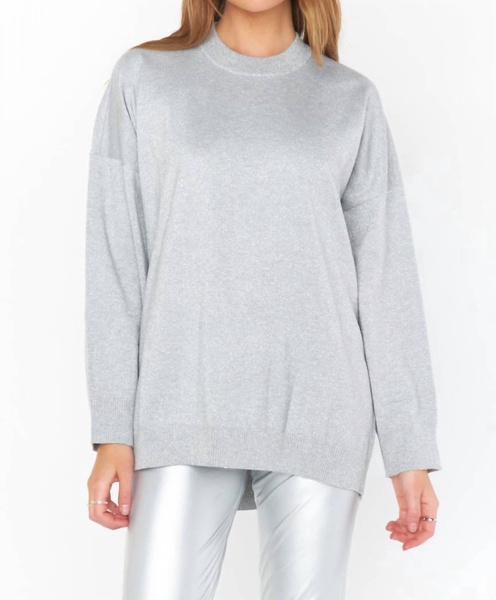 classic crewneck sweater in silver metallic knit