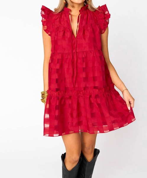 aubrey ruffle shoulder mini dress in ruby red