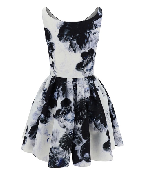 Mini White and Black Dress with All-Over Chiaroscuro Print in Polyfaille Woman