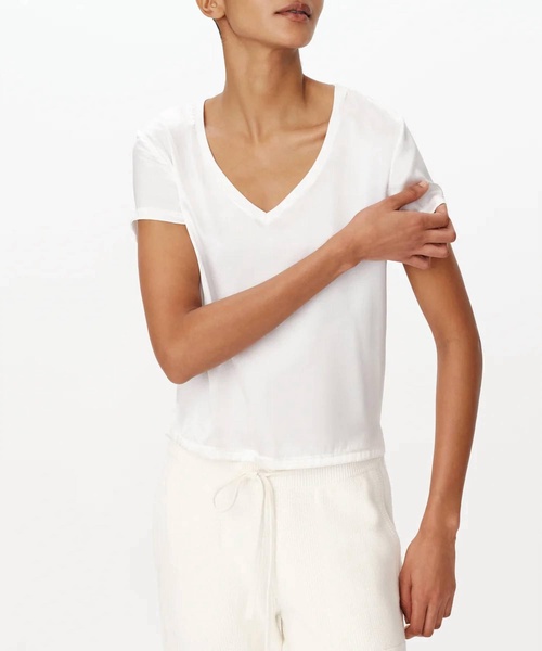stretch charmeuse v neck tee top in white