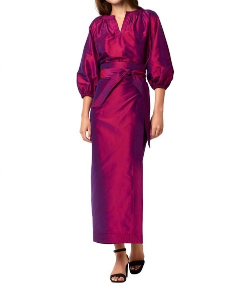 kira maxi wrap skirt in berry iridescent silk shantung