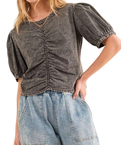 give us time shirring top in charcoal grey